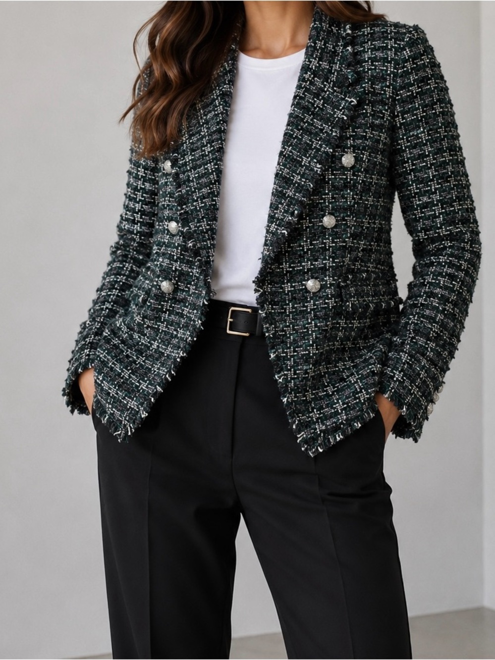 Rachel Zoe Green Tweed Blazer Women's M Silver Buttons Structured Career Jacket✅